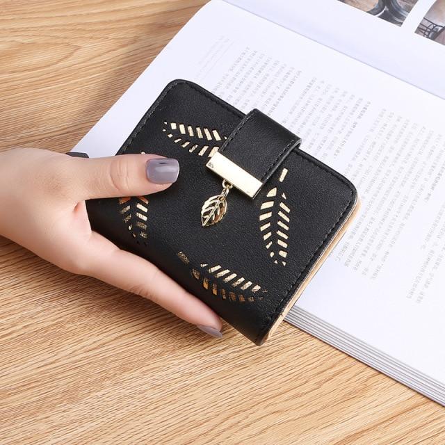 Gold-Leaves Design Ladies Wallet Black Long