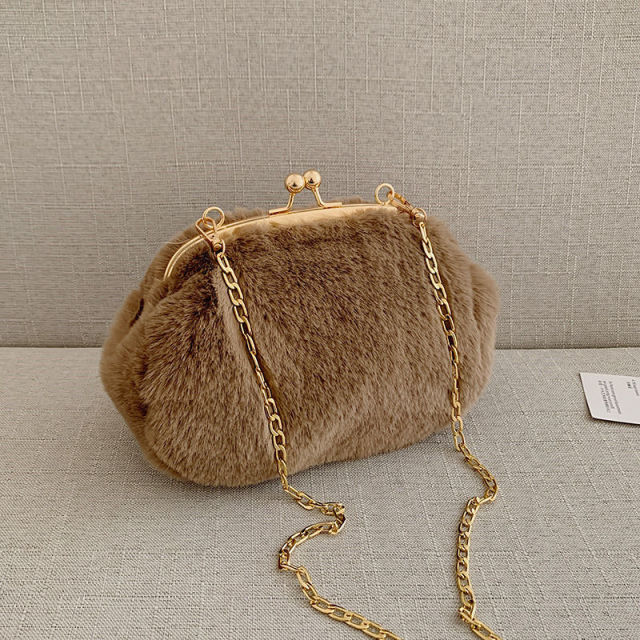 Brown Faux Fur Purse With Chain Strap On Sale