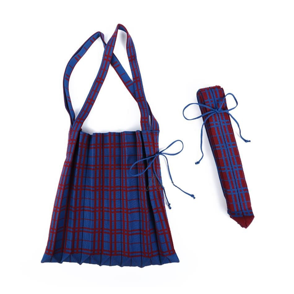 pleated wool tote bag, checked tote bag