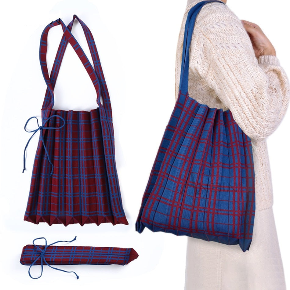 plaid wool-knitted tote bag