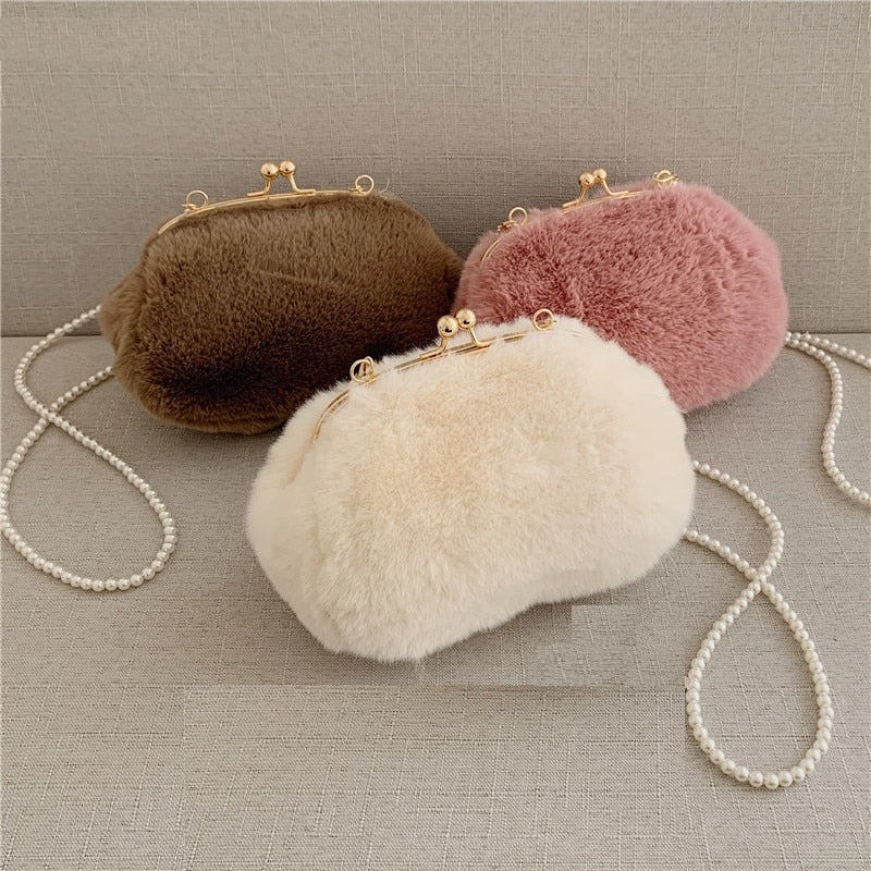 Faux Fur Purses With Pearl Strap On Sale