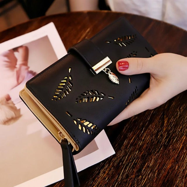Gold-Leaves Design Ladies Wallet Black Long