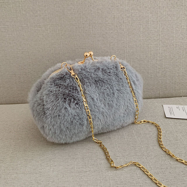 Grey Faux Fur Purse With Chain Strap On Sale