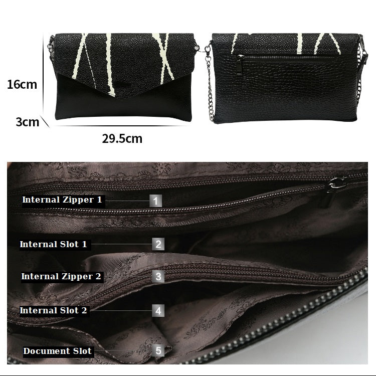 Dimensions and compartments of a leather clutch bag