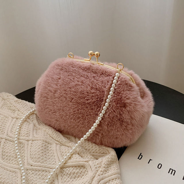 Pink Faux Fur Purse With Pearl Strap On Sale