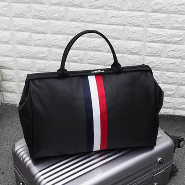 striped weekender bag, duffelbag, travel bag, overnight bag