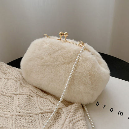 White Faux Fur Purse With Pearl Strap On Sale