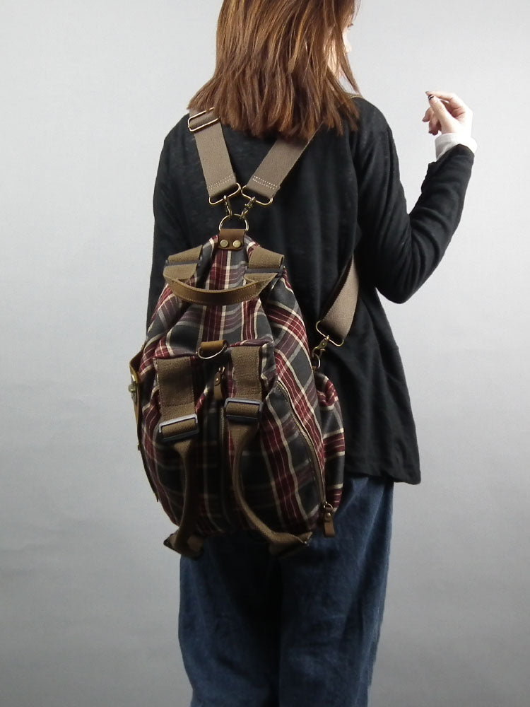 model carrying plaid backpack